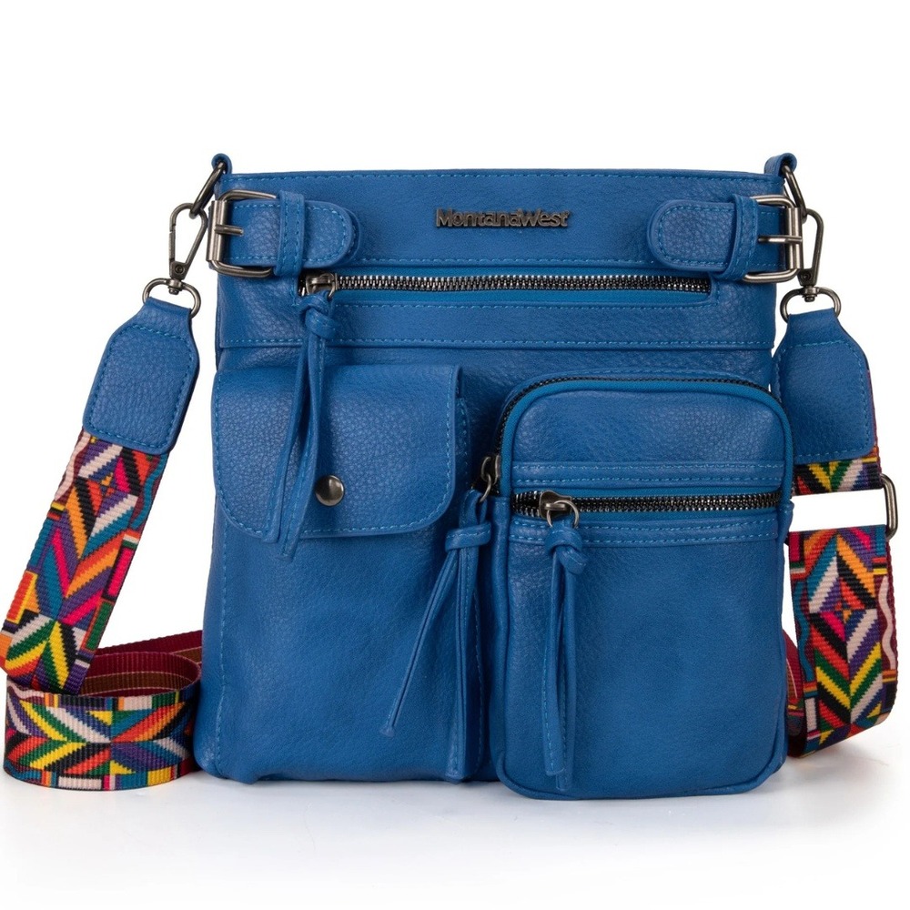 Montana West Blue Vegan Leather‎ Crossbody Bag Geometric Guitar Strap NWT